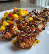 spicy honey garlic chicken skewers with mango salsa
