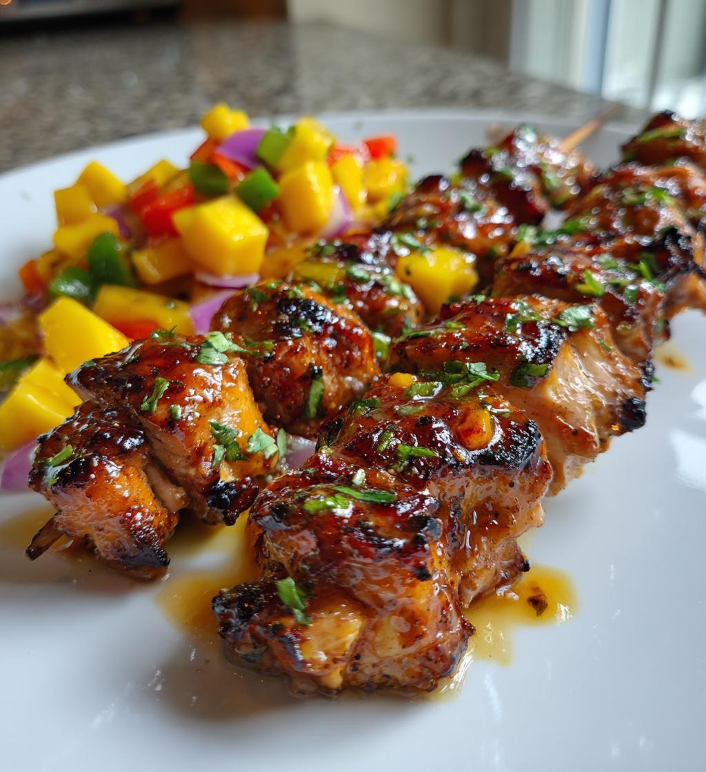 spicy honey garlic chicken skewers with mango salsa
