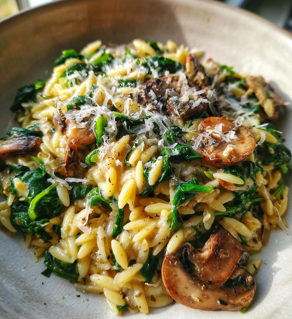 spinach mushroom orzo - detail 1