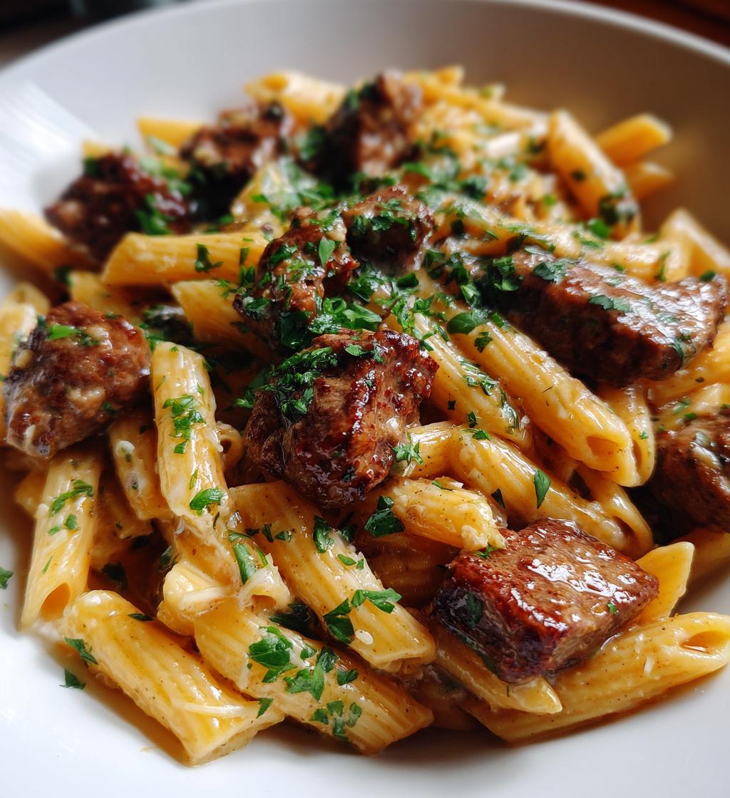 steak bites and penne in garlic parmesan velvety sauce - detail 1