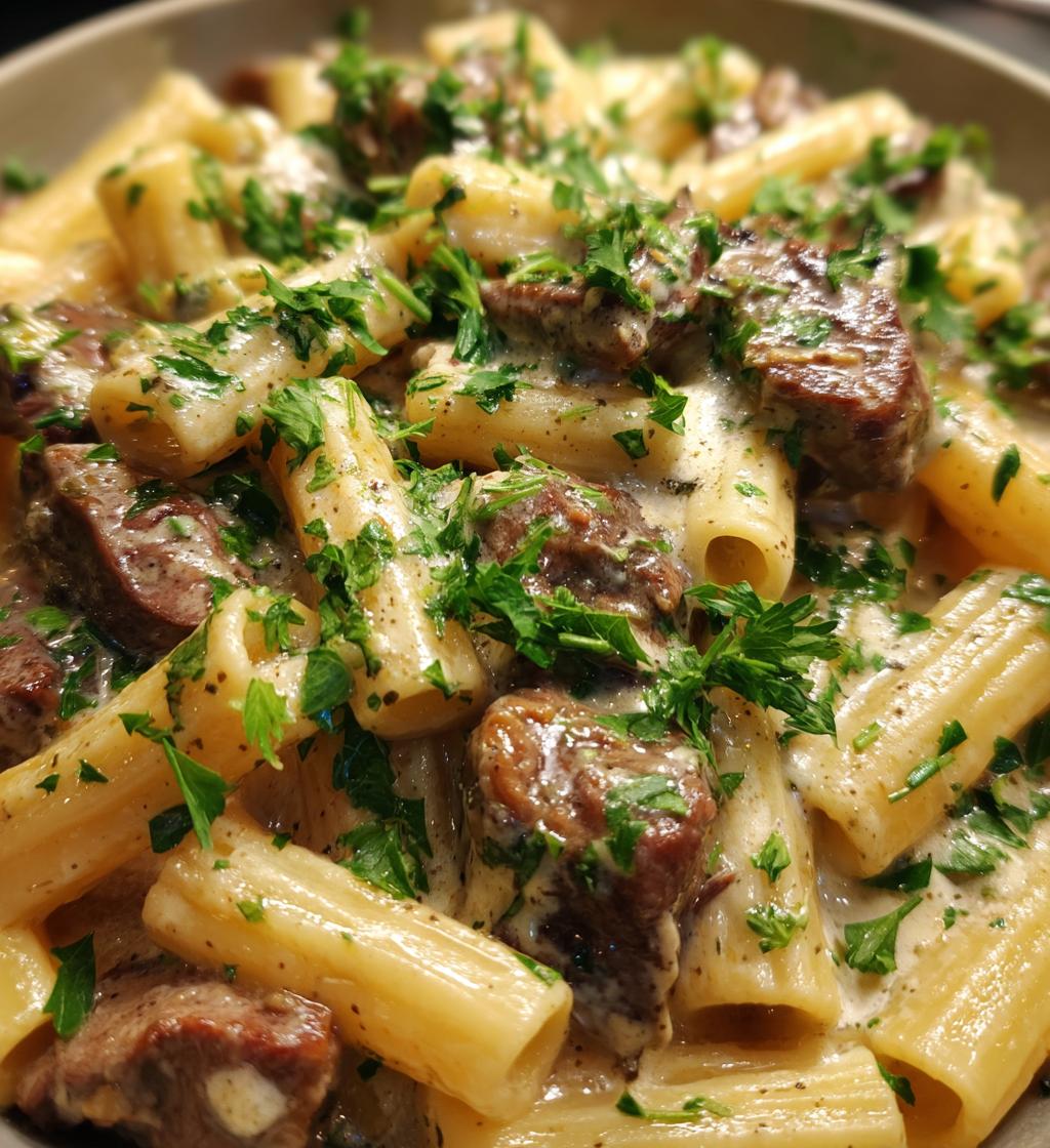 steak bites and penne in garlic parmesan velvety sauce