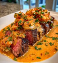 steak in creamy cajun shrimp sauce