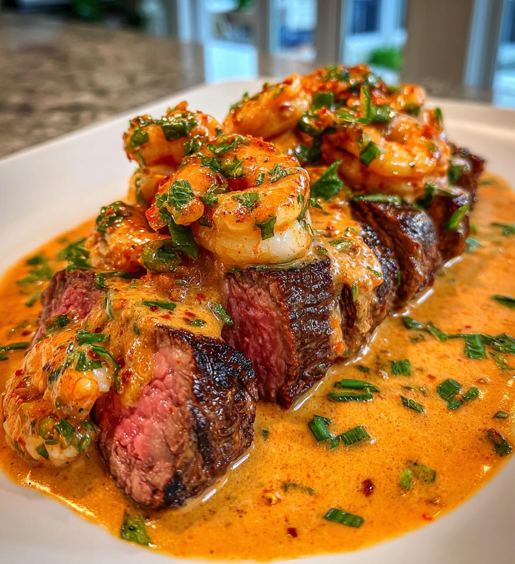 steak in creamy cajun shrimp sauce