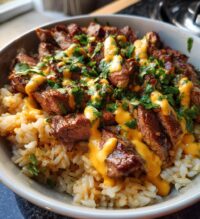 steak queso rice