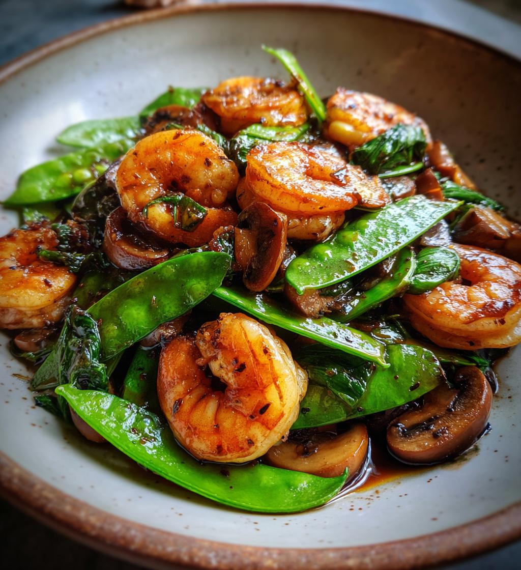 stir fried shrimp with snow peas and mushrooms - detail 1