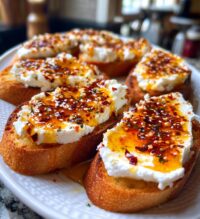 sweet and spicy whipped feta crostini with hot honey