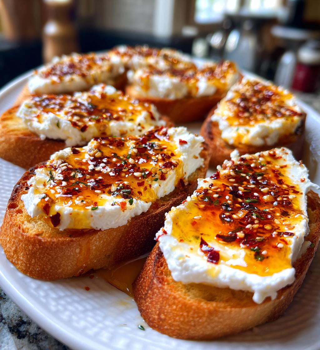 sweet and spicy whipped feta crostini with hot honey