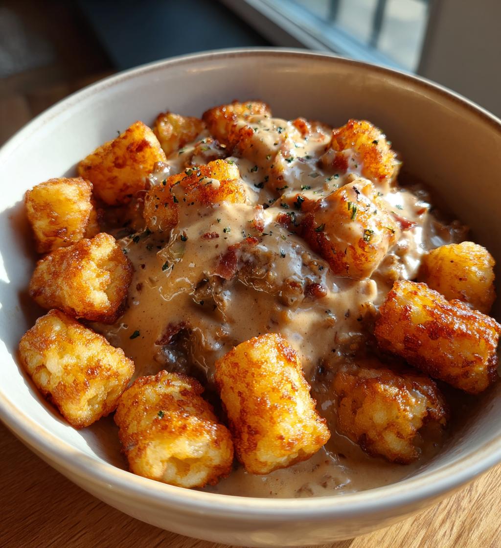 tater tot breakfast bowl with sausage gravy - detail 1