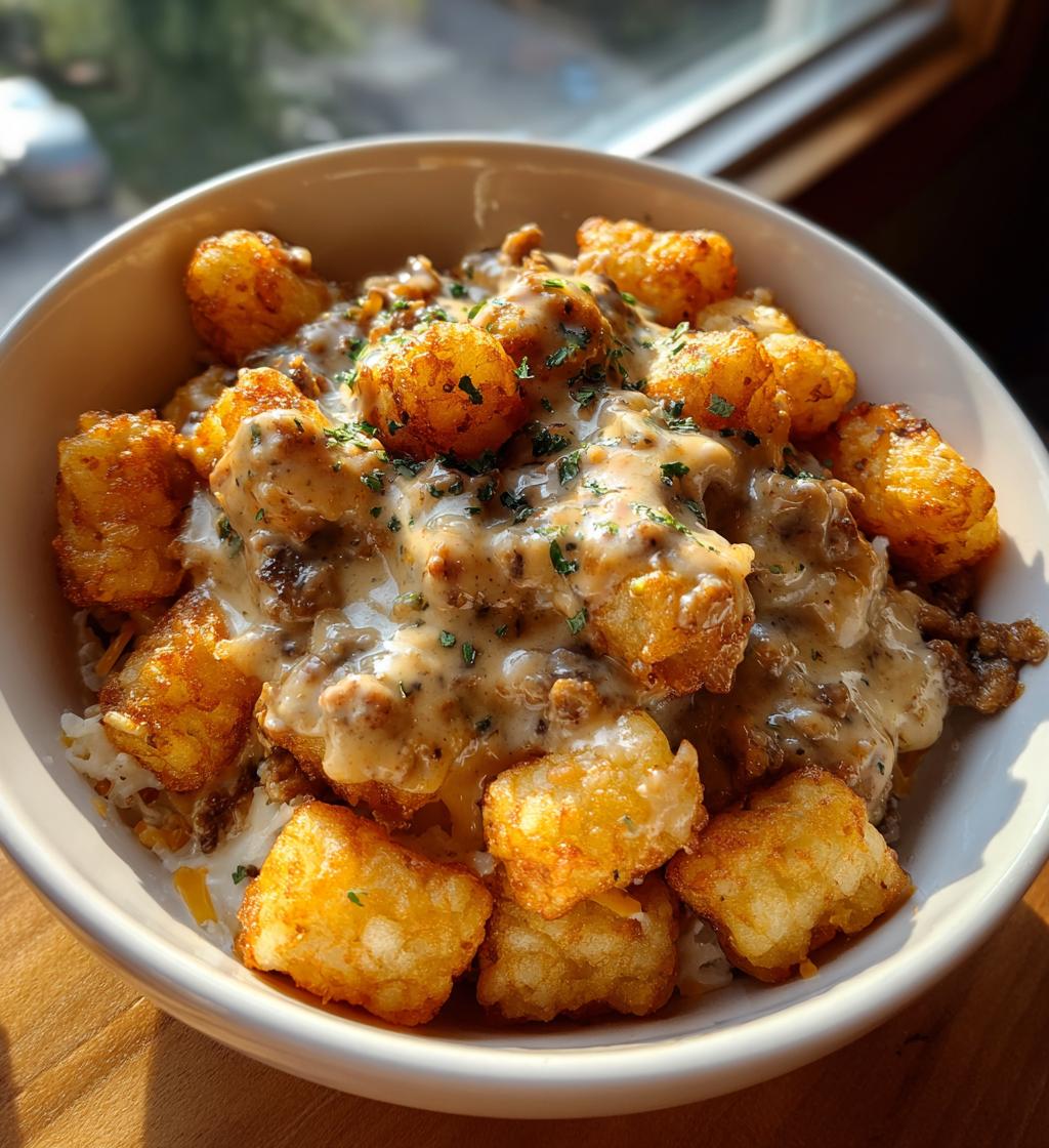 tater tot breakfast bowl with sausage gravy