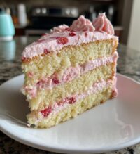 vanilla bean cake with strawberry cream cheese frosting