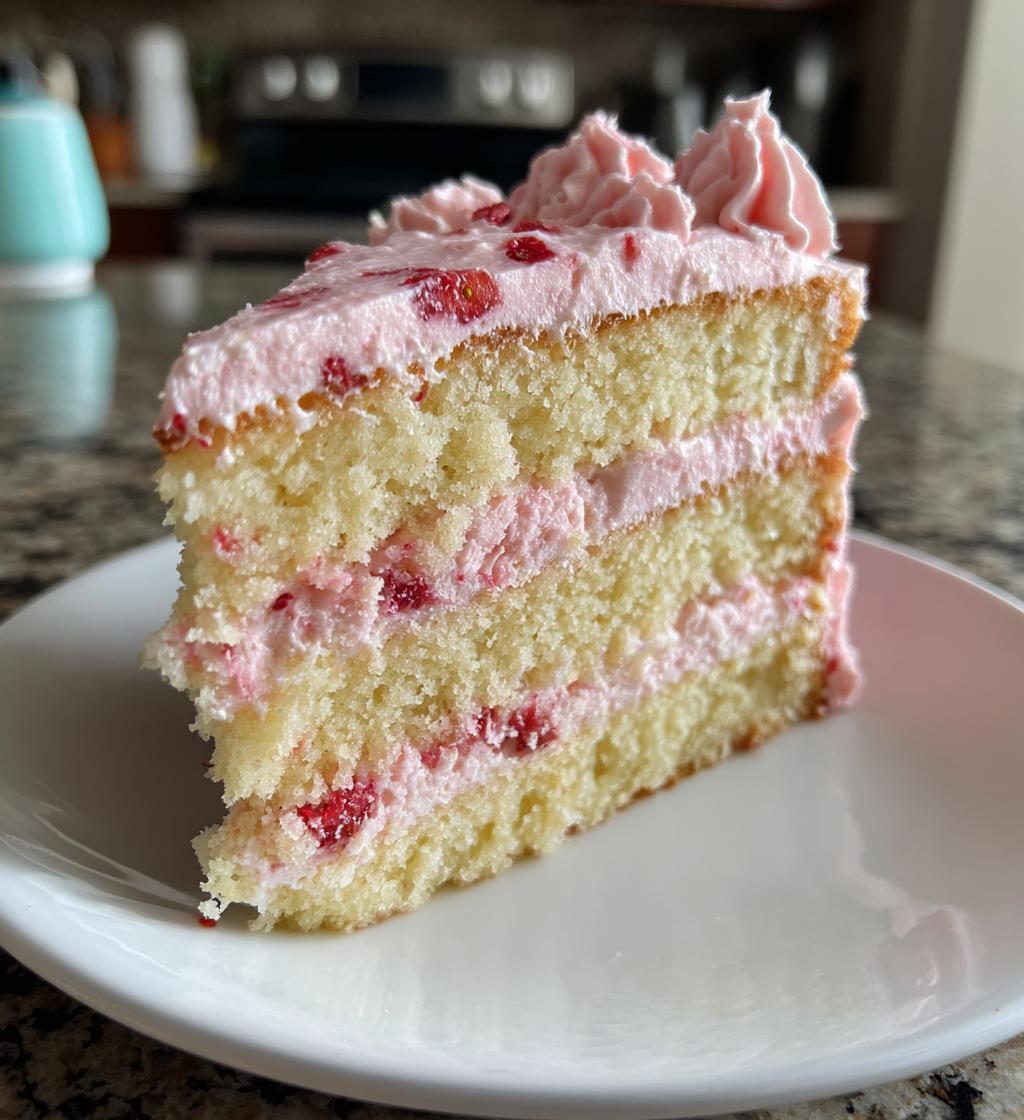 vanilla bean cake with strawberry cream cheese frosting
