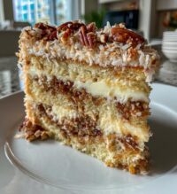 white german chocolate cake with a cheesecake center