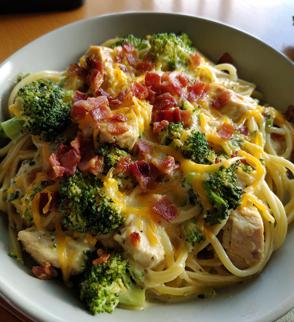 cheesy bacon chicken pasta with broccoli - detail 1