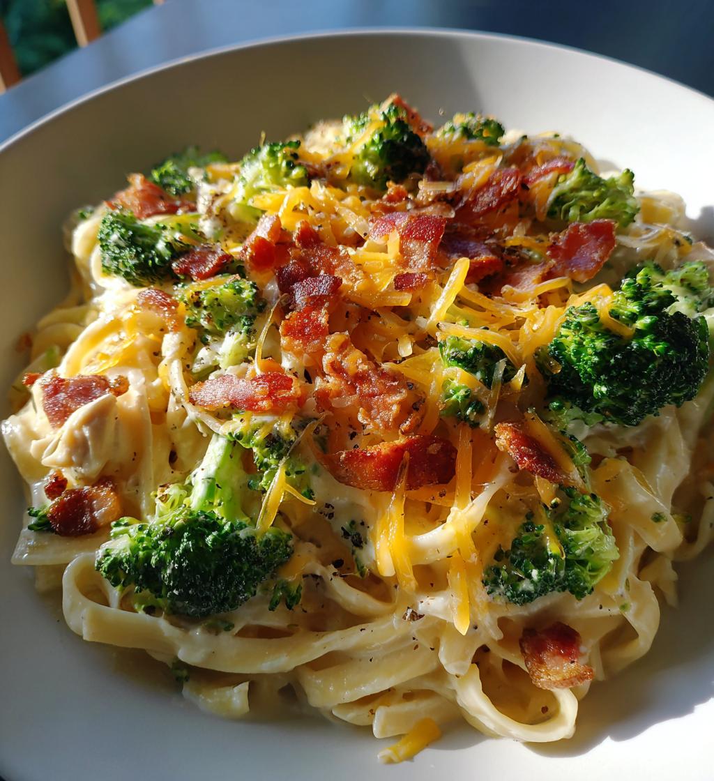 cheesy bacon chicken pasta with broccoli