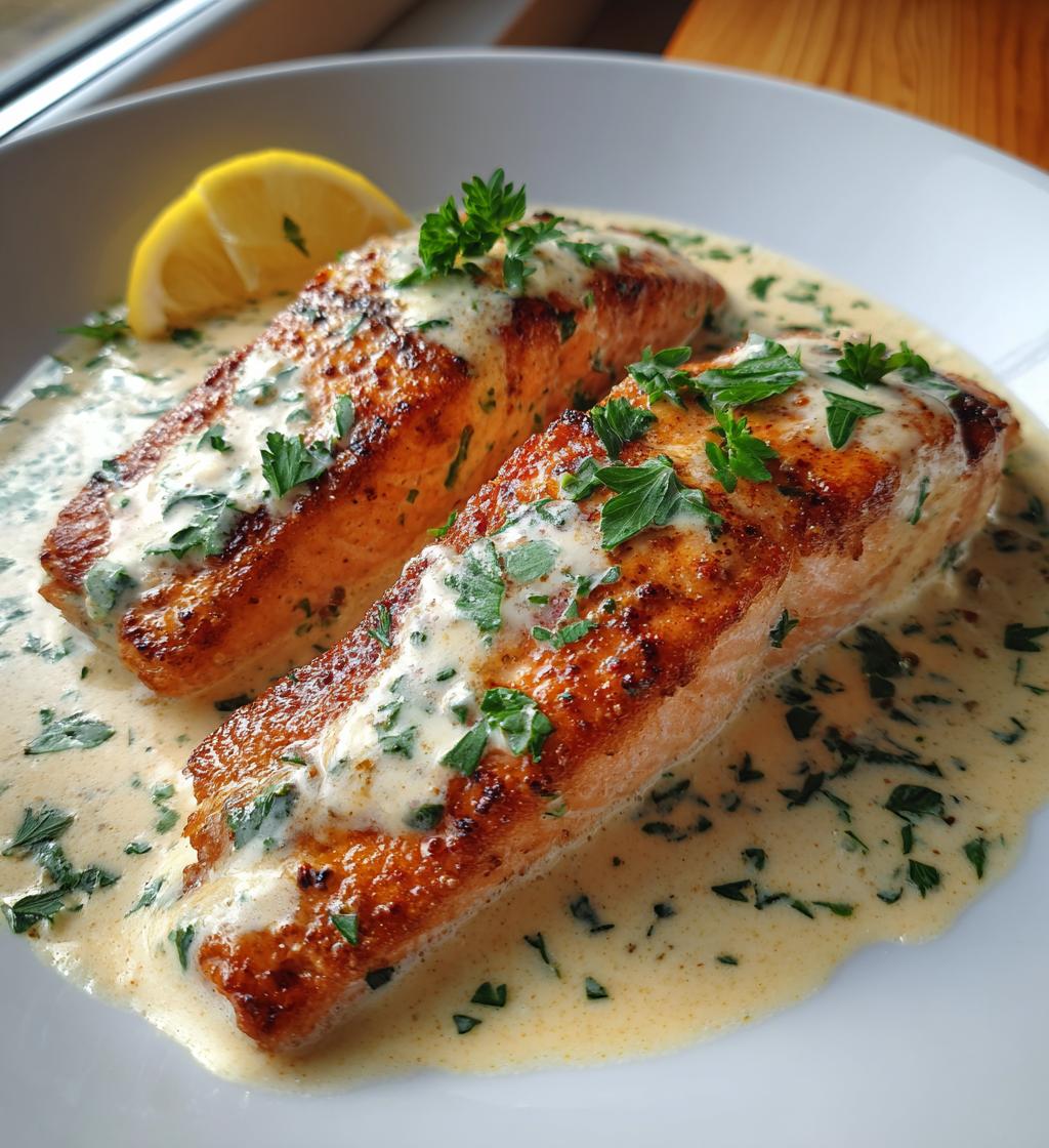 creamy pan seared salmon with lemon garlic cream sauce - detail 1