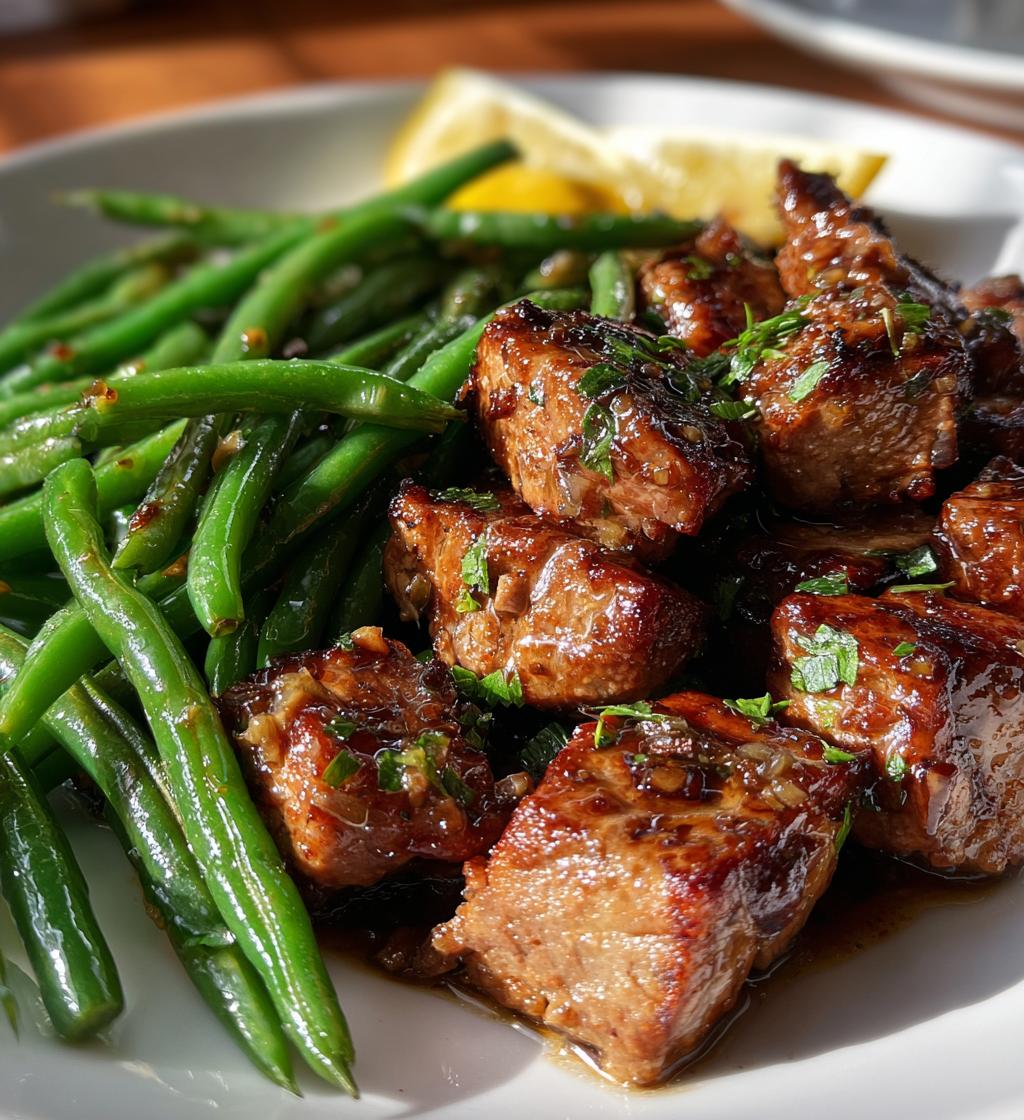garlic butter pork bites with lemon green beans - detail 1