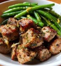 garlic butter pork bites with lemon green beans