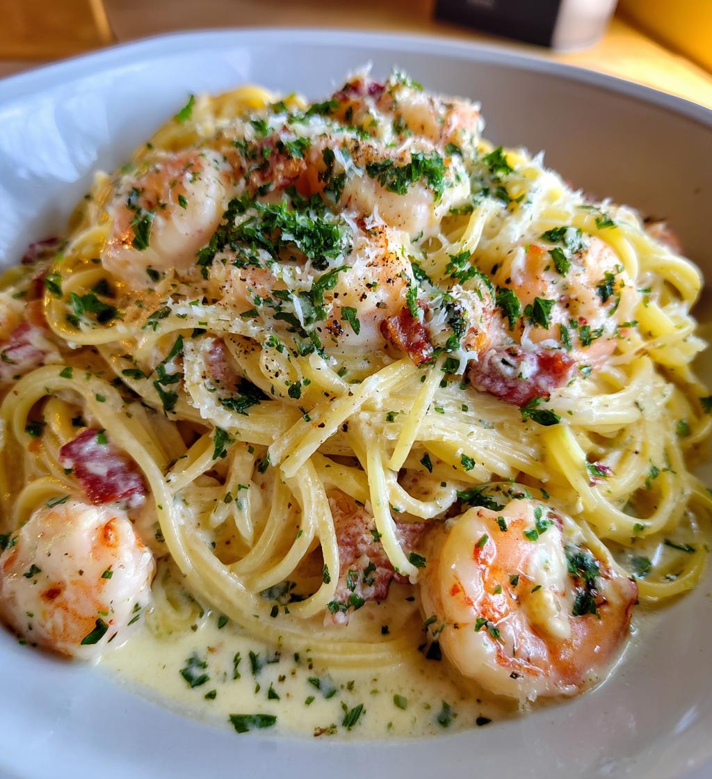 spaghetti with shrimp in cream sauce - detail 1