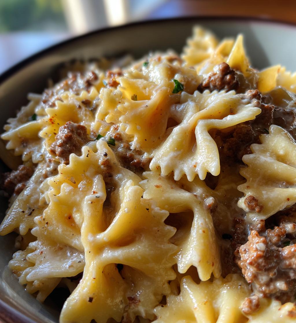 beef and bowtie pasta with alfredo sauce - detail 1