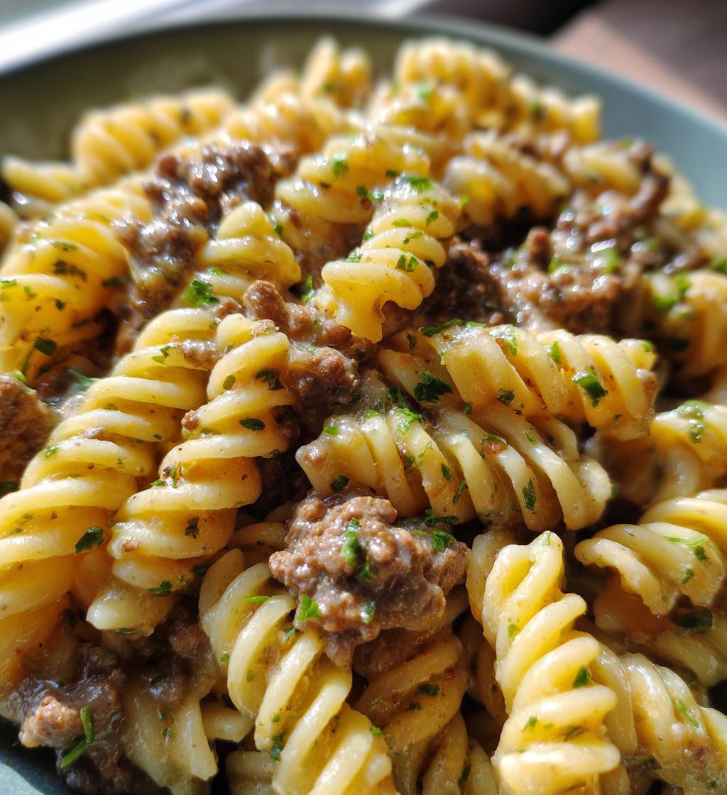 beef and rotini in garlic parmesan sauce - detail 1