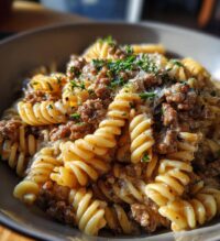 beef and rotini in garlic parmesan sauce