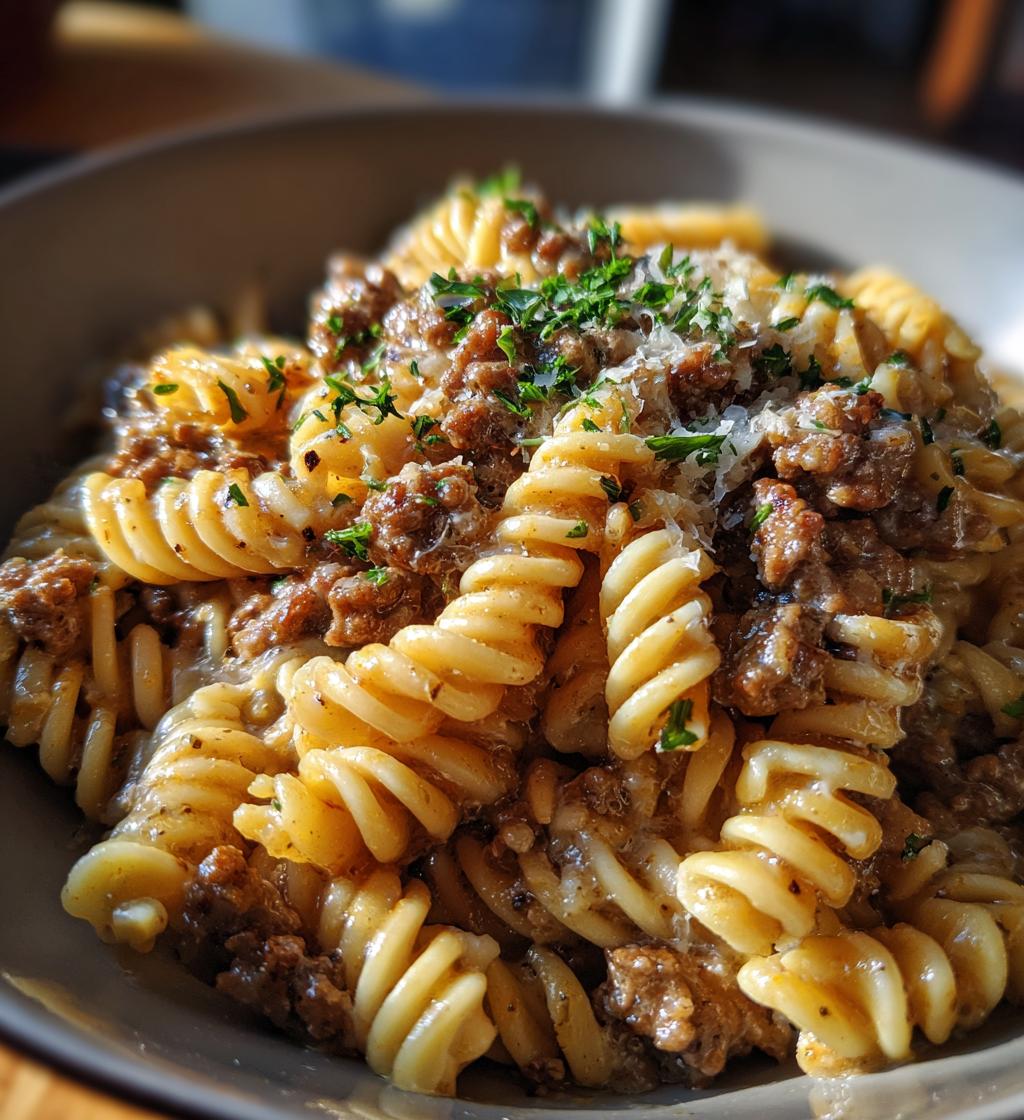 beef and rotini in garlic parmesan sauce