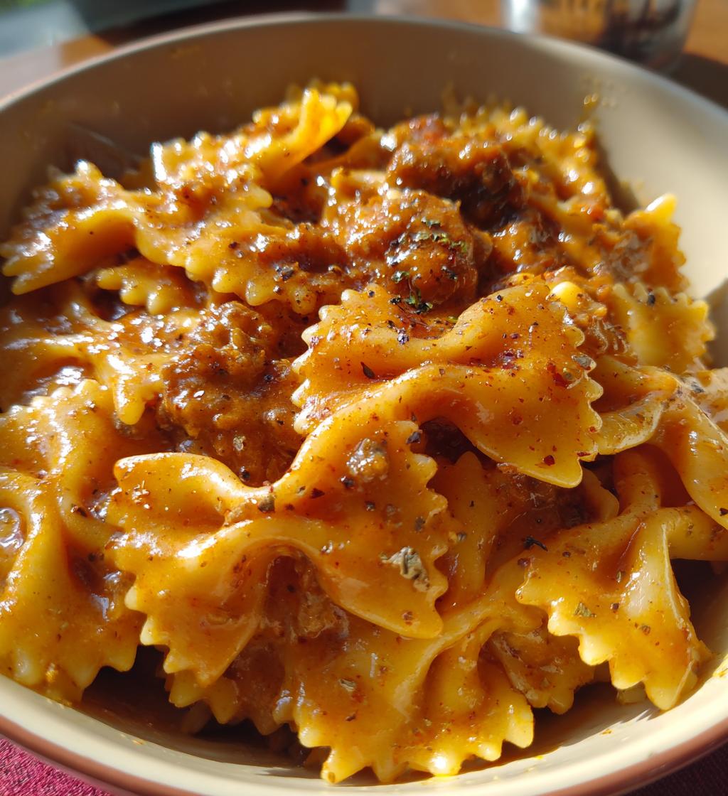 bowtie pasta with creamy velveeta beef sauce - detail 1