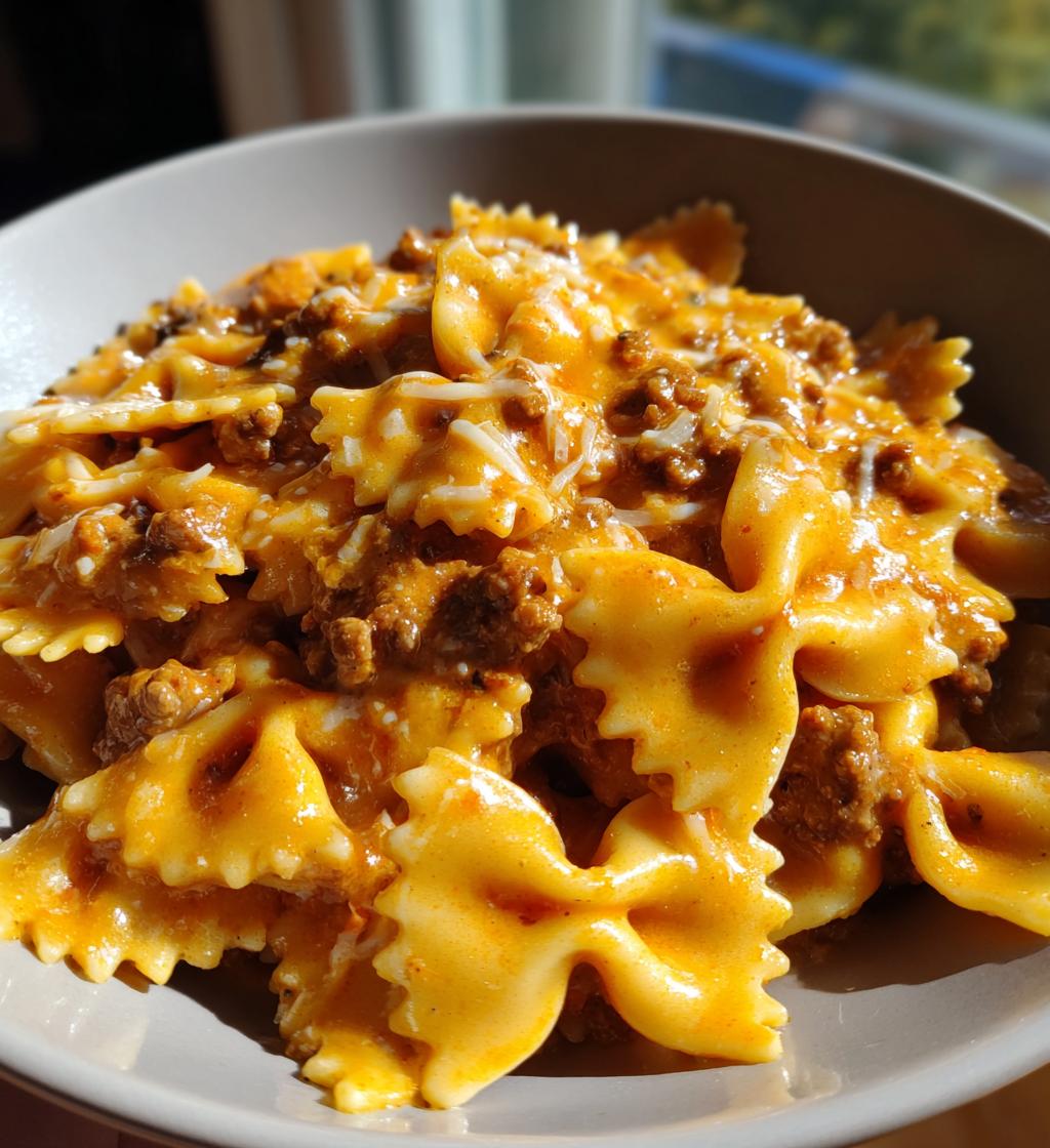 bowtie pasta with creamy velveeta beef sauce