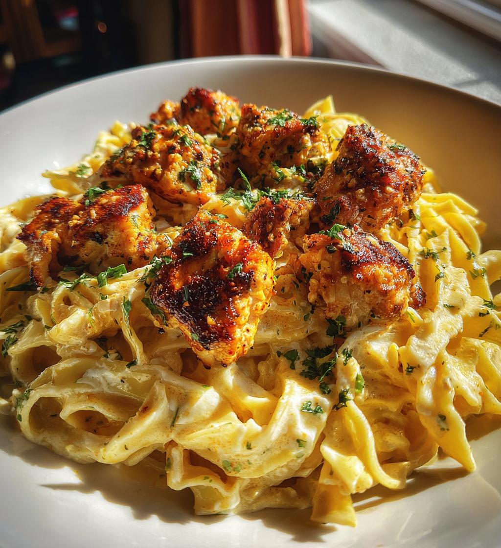 cajun chicken bites with creamy garlic herb alfredo twists