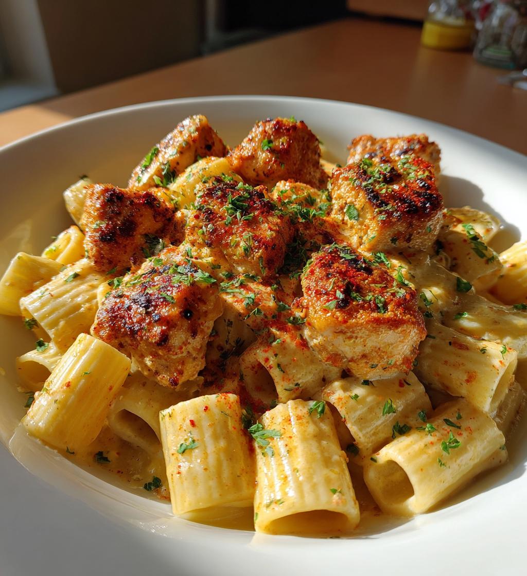 cajun chicken bites with creamy rigatoni - detail 1