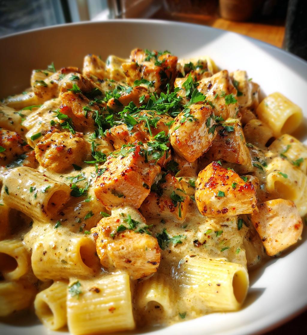 cajun chicken bites with creamy rigatoni