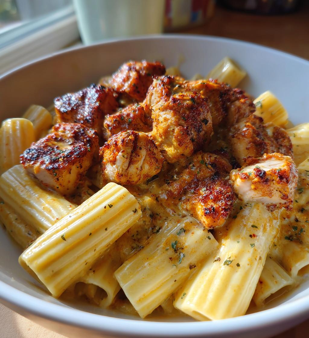 cajun chicken bites with creamy rigatoni