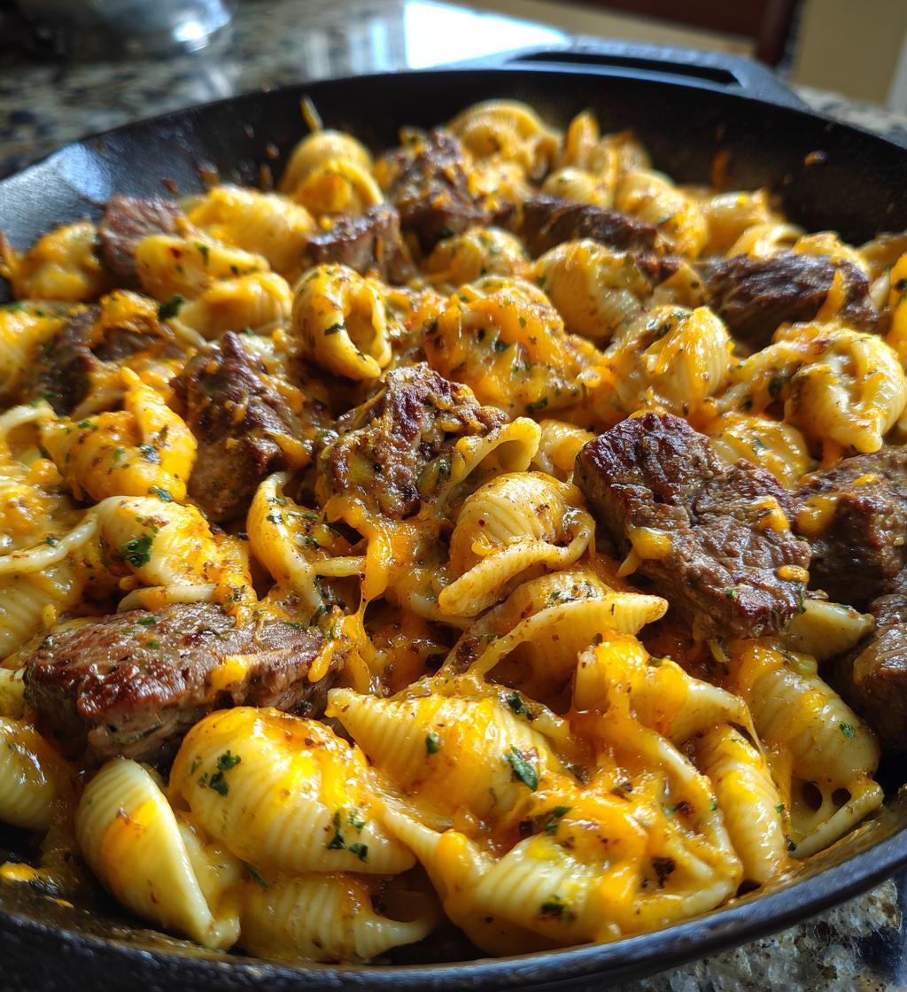 cajun steak bites and cheesy garlic shells skillet - detail 1
