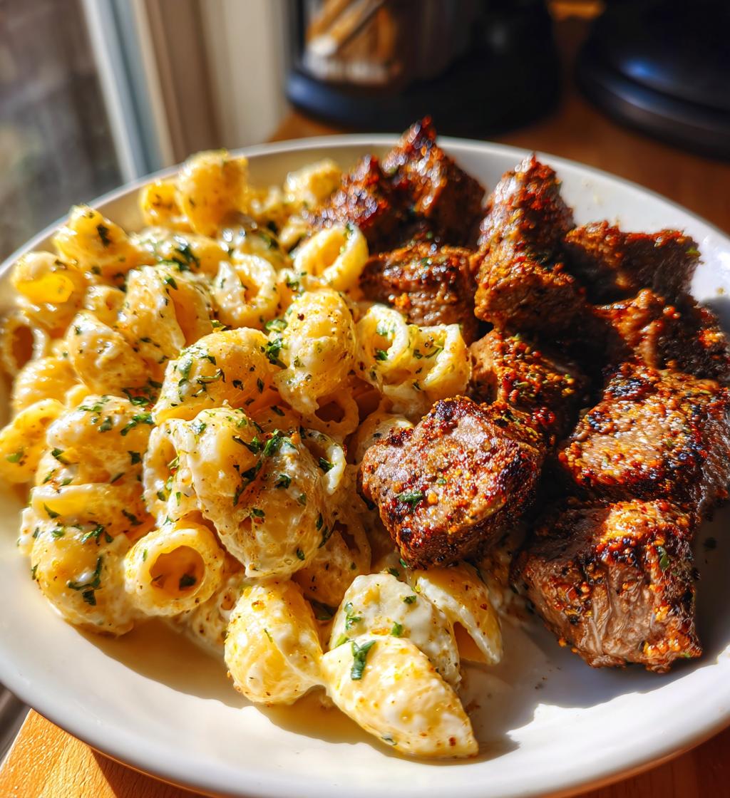cajun steak bites and cheesy garlic shells skillet - detail 1