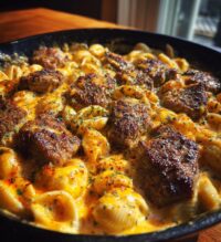 cajun steak bites and cheesy garlic shells skillet