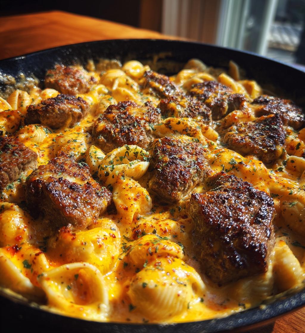 cajun steak bites and cheesy garlic shells skillet