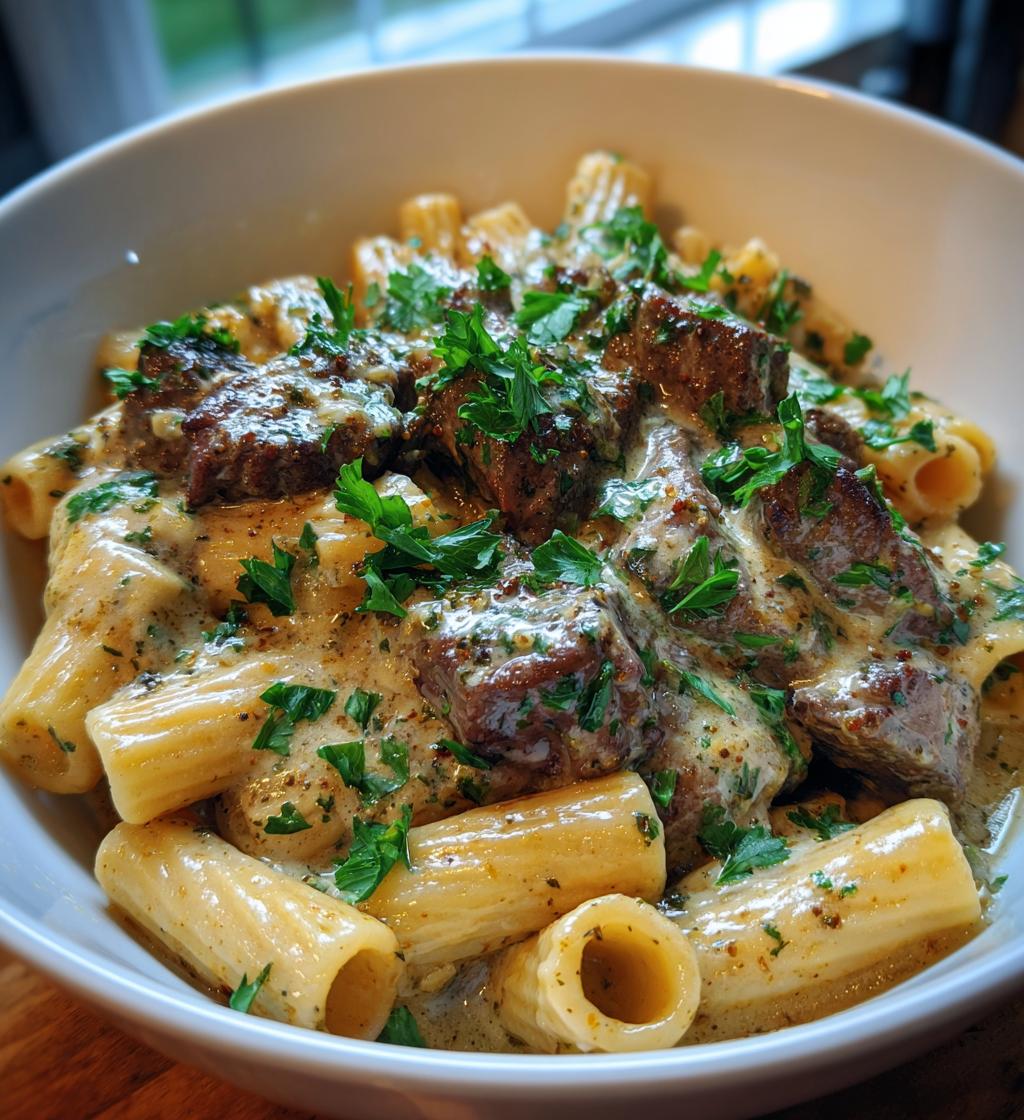 cajun steak tips in cheesy rigatoni parmesan sauce - detail 1