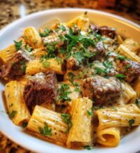 cajun steak tips in cheesy rigatoni parmesan sauce