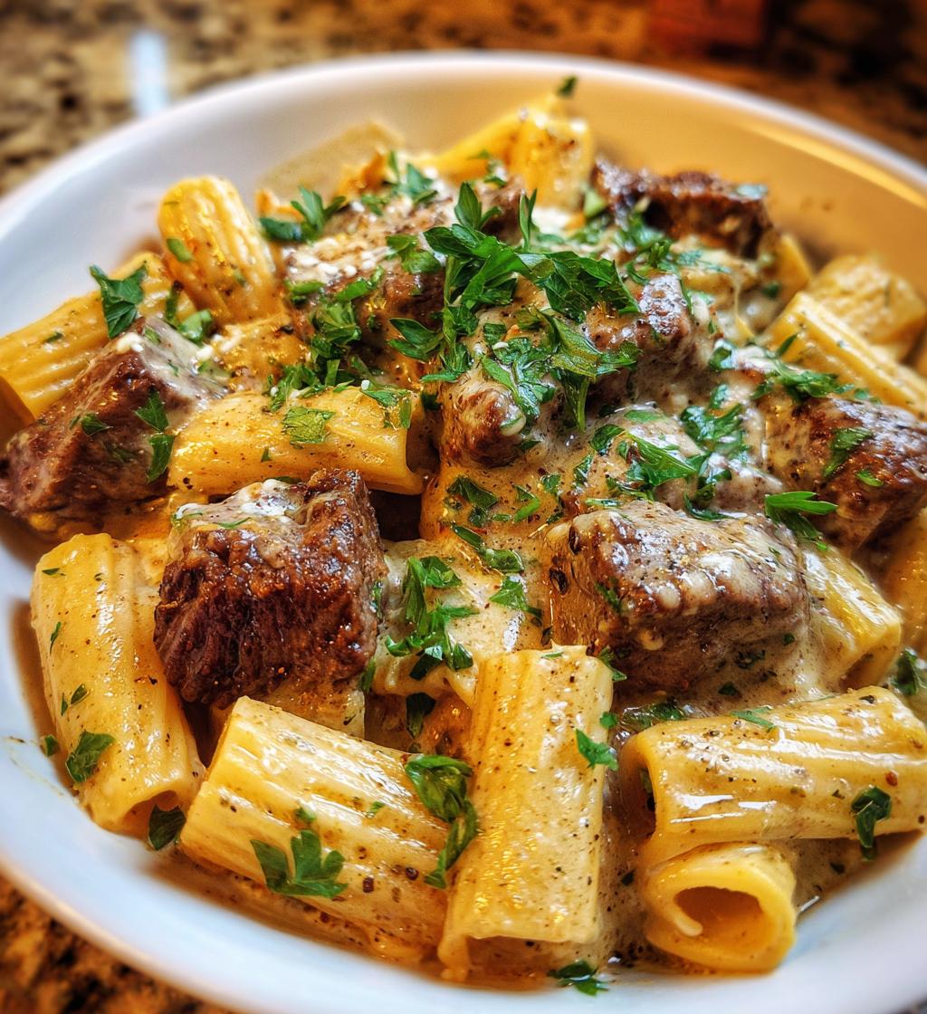 cajun steak tips in cheesy rigatoni parmesan sauce