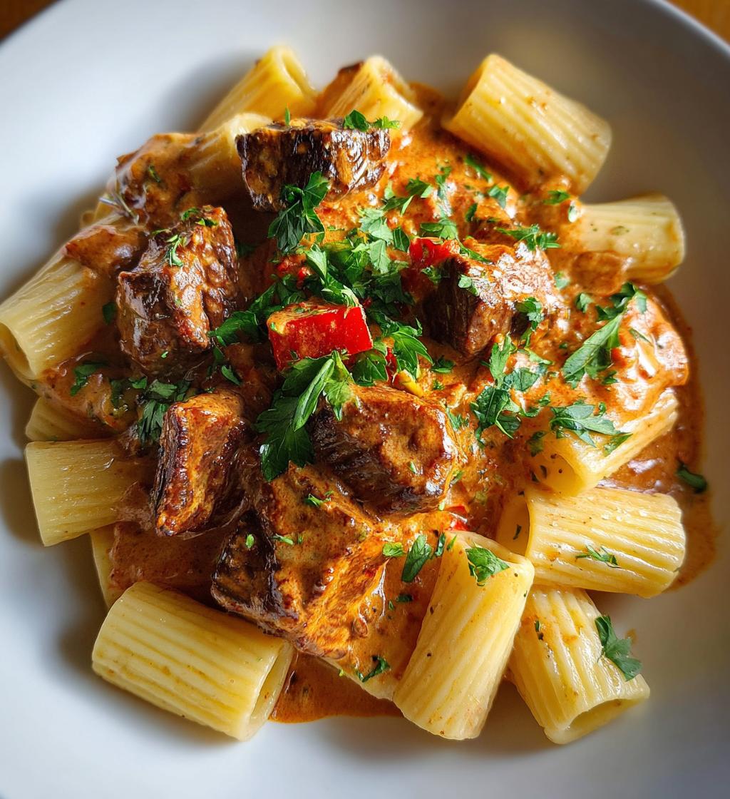 cajun steak tips in cheesy rigatoni parmesan sauce