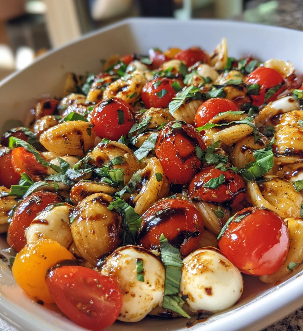 caprese pasta salad with balsamic glaze - detail 1