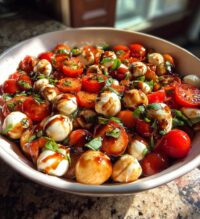 caprese pasta salad with balsamic glaze