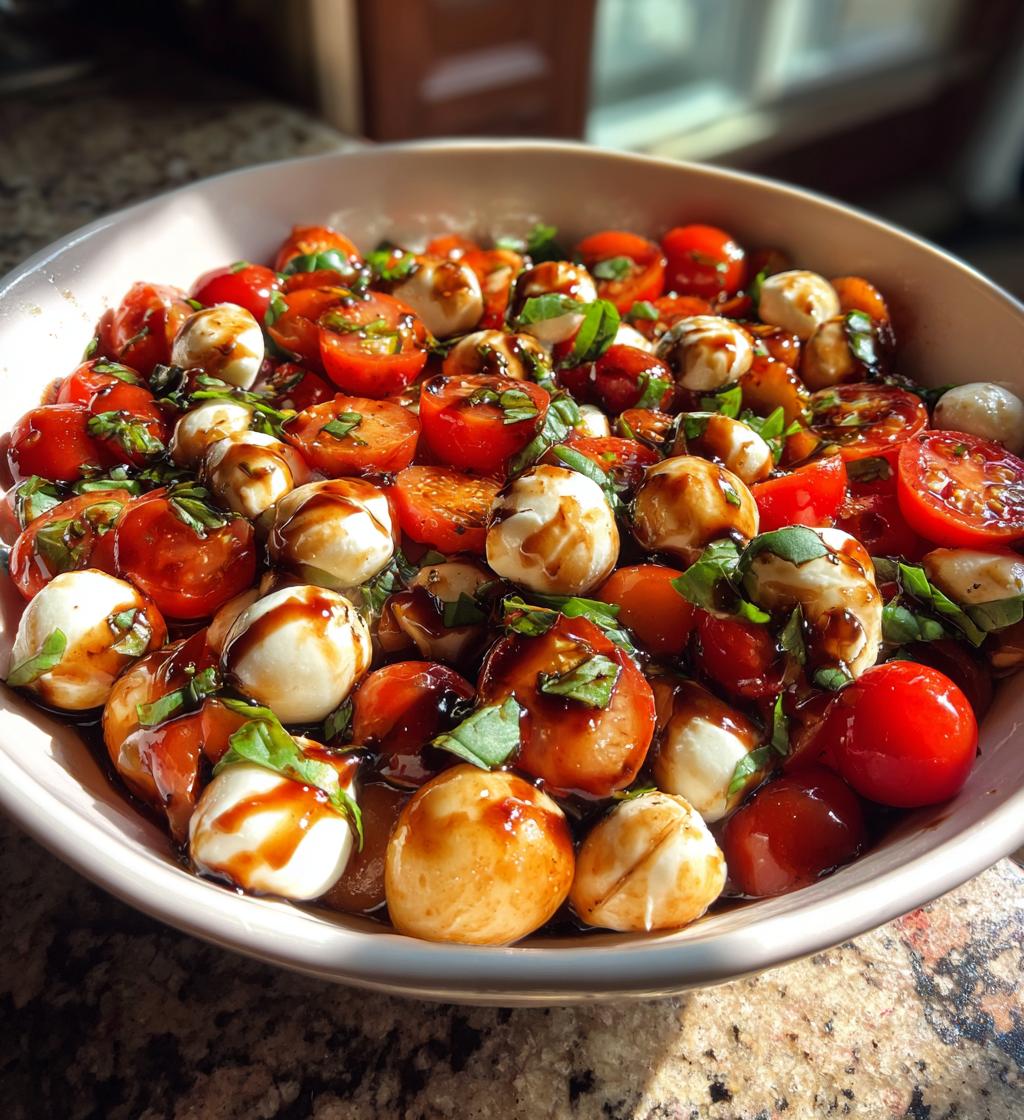 caprese pasta salad with balsamic glaze