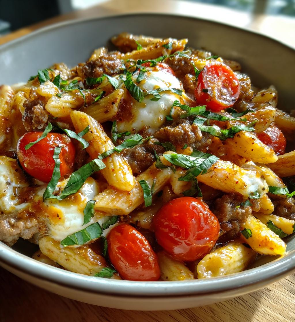 caprese pasta with italian sausage - detail 1