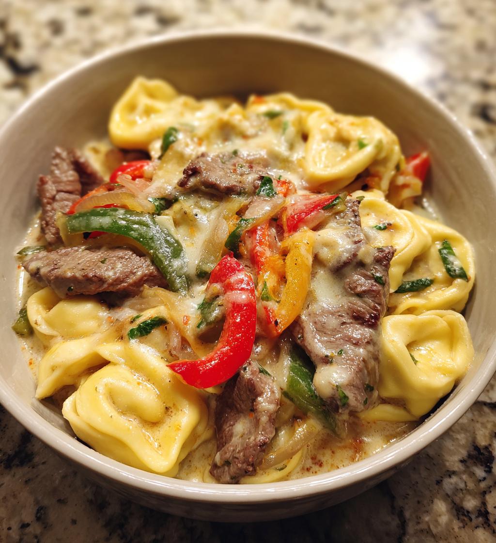 cheesesteak tortellini in rich provolone sauce