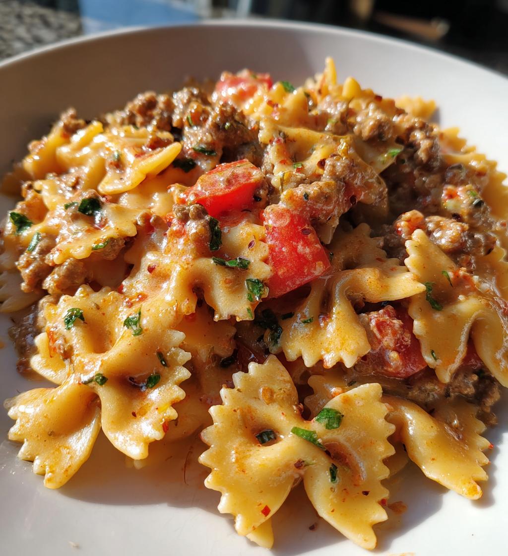 cheesy bowtie pasta with ground beef - detail 1