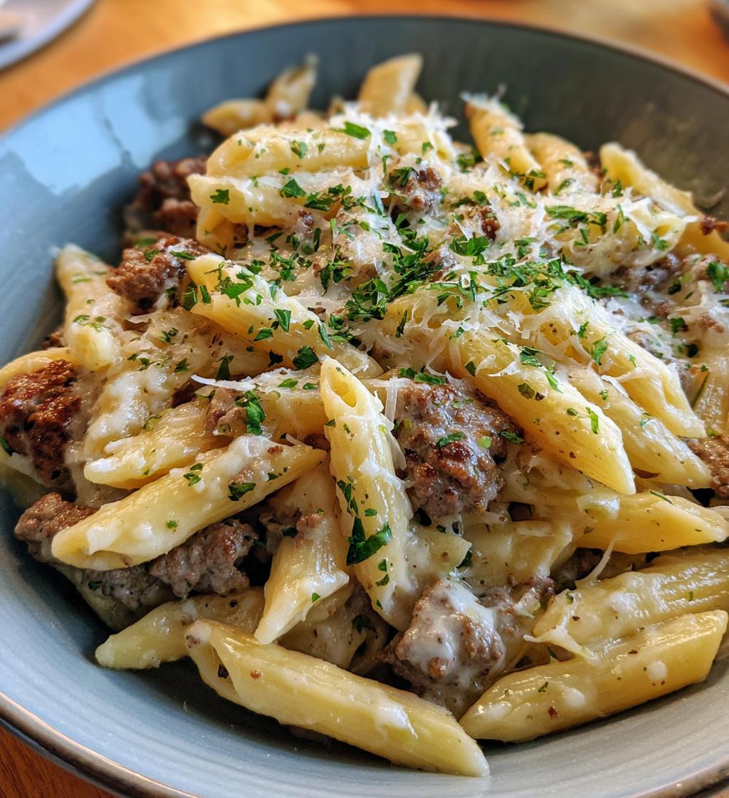 cheesy penne with garlic butter ground beef - detail 1