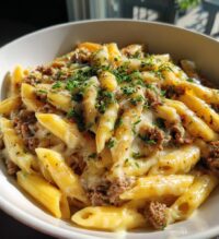 cheesy penne with garlic butter ground beef