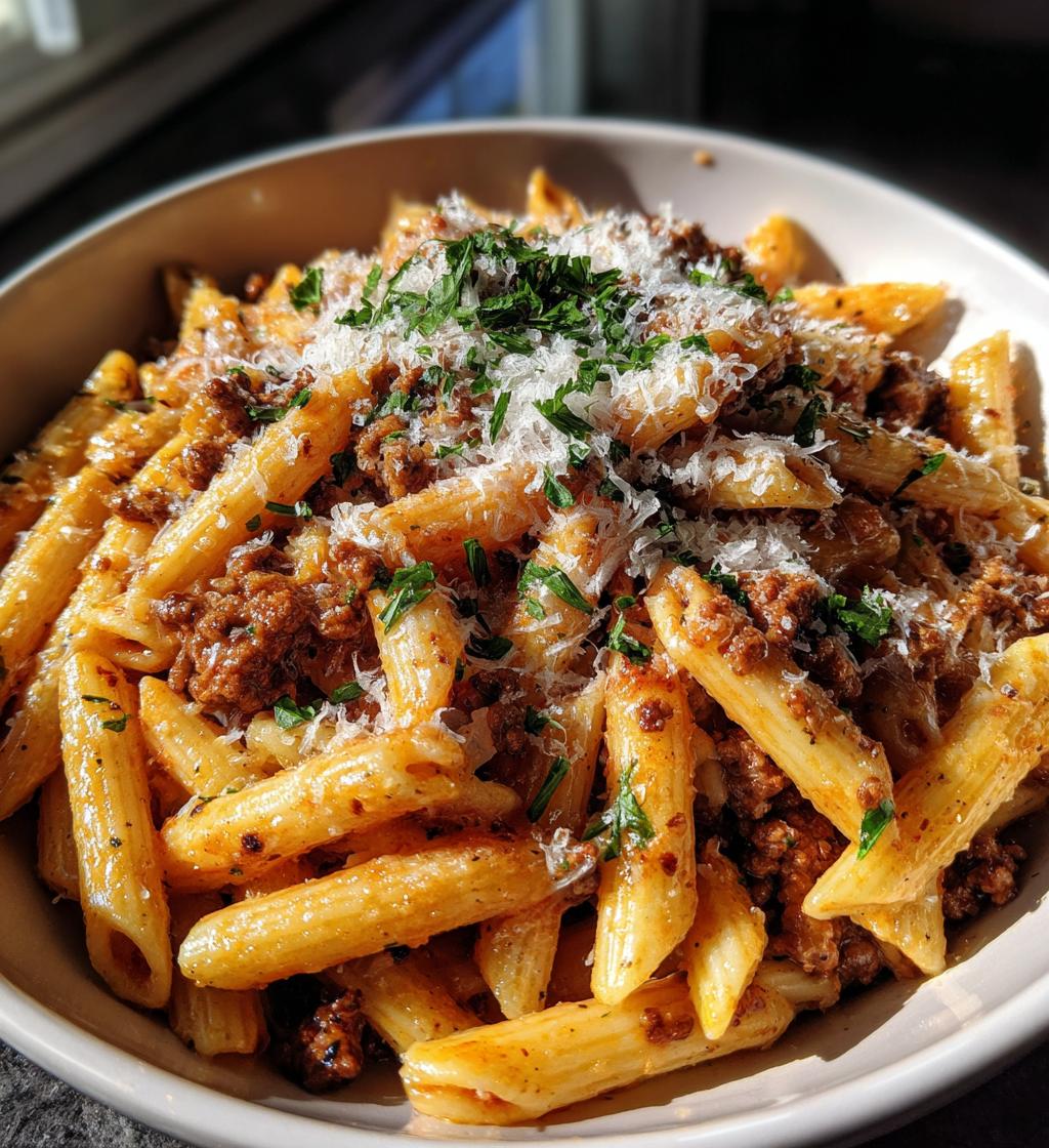cheesy penne with garlic butter ground beef