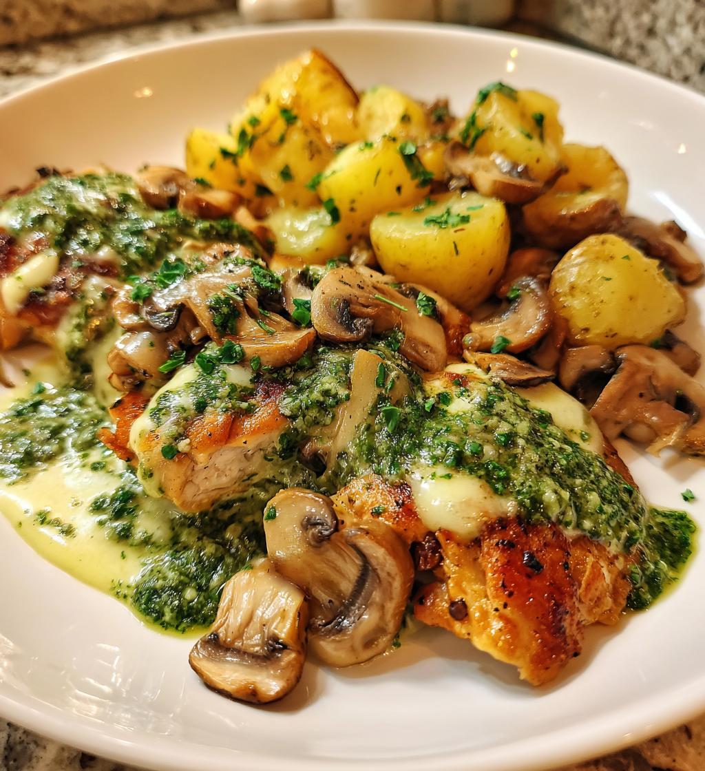 chestnut garlic greek chicken alfredo with sage potatoes mushroom basil pesto - detail 1